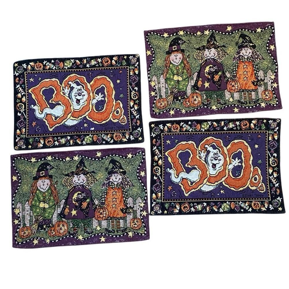 Vintage Halloween Woven Placemats Tapestry Set Pumpkins Witches 90s Cottagecore